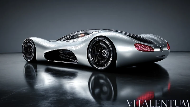 Silver comet supercar glides through mirrored midnight studio.