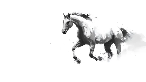 Galloping grayscale horse dissolving into abstract splashes.