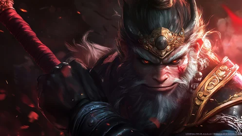 Fierce warrior monkey king with staff in fiery battle scene