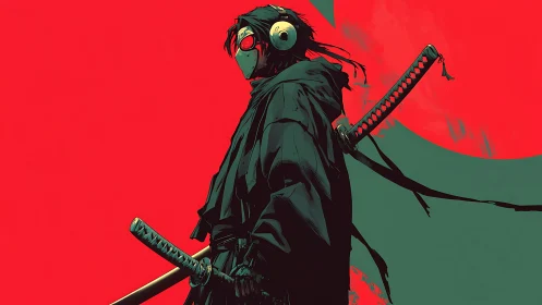 Masked cyber samurai gazes ahead beneath a crimson moon.