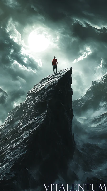 Solitary human figure on jagged peak under obscured moon.