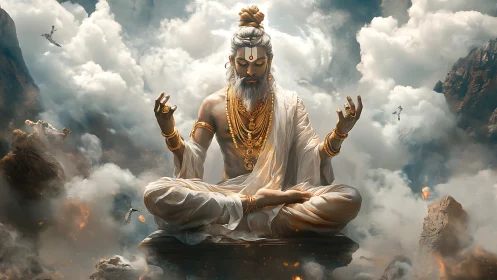 Serene mountain sage in golden meditation above soft clouds.
