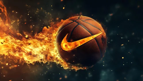 Burning basketball with prominent swoosh logo in motion shot.