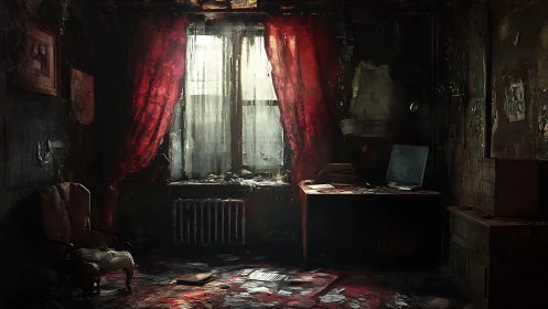 Decaying study room under red curtains and dim light.