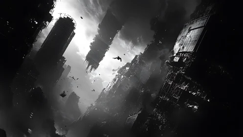 Inverted dystopian megacity skyline in monochrome chaos.