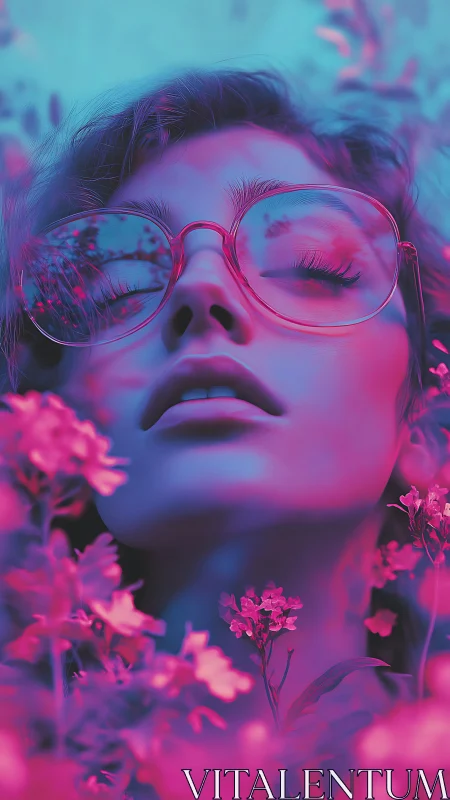 Neon lit portrait of woman with glasses among flowers.