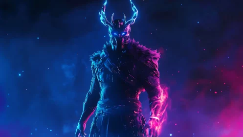 Mystical horned warrior glowing in electric pink and blue light.