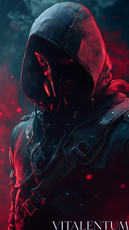 Hooded wasteland sentinel in crimson fog and neon shadow.