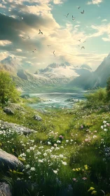 Gentle wildflower valley opening toward sunlit mountain lake.