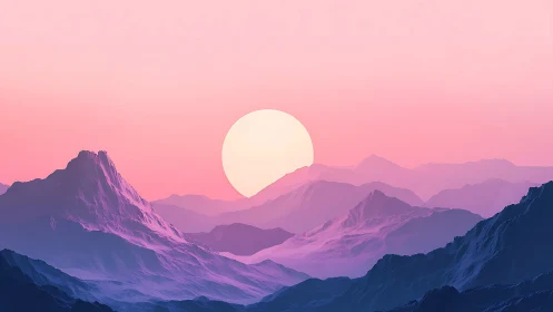 Pastel sci fi mountain range with oversized rising sun glow.