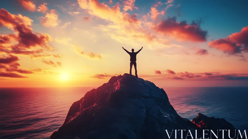 Sunset silhouette on ocean cliff peak celebrates freedom.