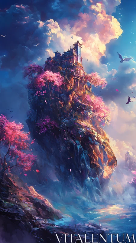Clifftop temple above misty sea with pink blossom trees.