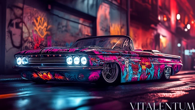 Lowrider convertible cruises neon alley with vivid graffiti art