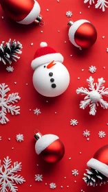 Snowman ornament rests amid red baubles on vivid red background