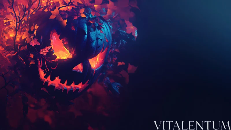 Smoldering jack o’lantern spirit stalking a midnight grove.