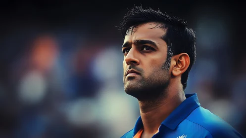 Male athlete in blue sports jersey, medium close-up portrait.