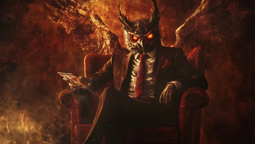 Demonic owl-headed businessman sits enthroned in fiery chiaroscuro