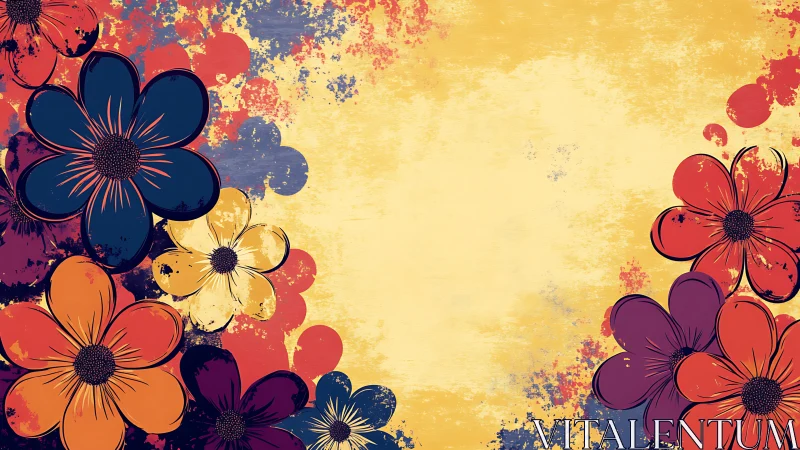 Vibrant floral composition bursts across golden background.