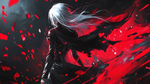 White haired figure in black coat framed by red streaks.