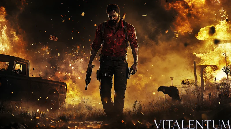 Gunman walks through burning battlefield with explosions