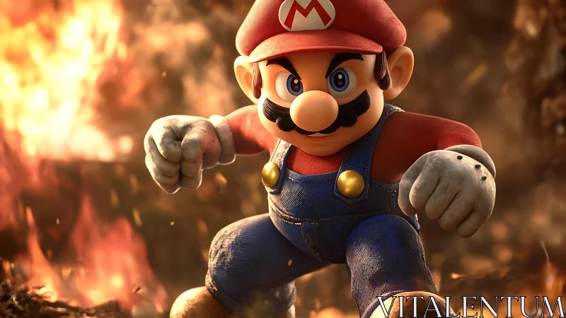 Heroic mustached plumber charges through blazing inferno.