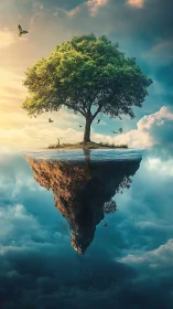 Floating tree island mirrored over atmospheric cloudscape