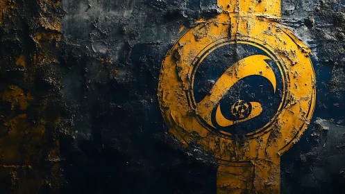 Weathered yellow symbol on textured dark wall, grunge style.