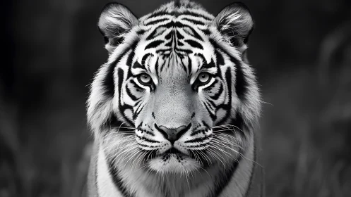 Monochrome frontal tiger portrait isolates symmetrical facial pattern