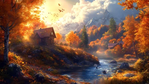 Sunlit autumn riversong cradles two hidden mountain cabins