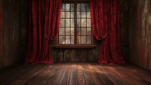Moody wooden room with red velvet curtains and window.