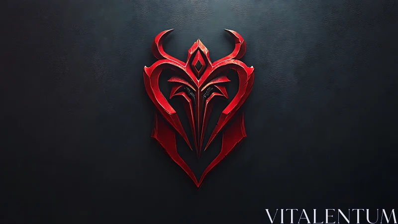 Crimson angular demon crest emblem on dark textured backdrop