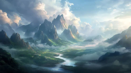 Fantasy mountain valley with river under dramatic sky.