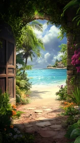Tropical Paradise Through Stone Gateway.
