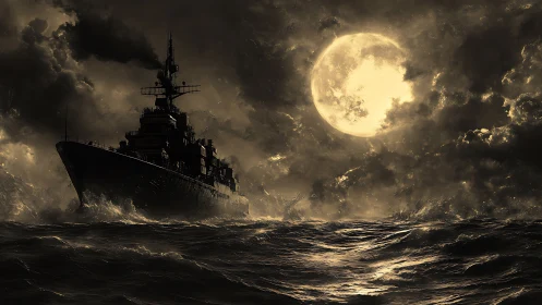 Moonlit warship sails through stormy seas with quiet strength