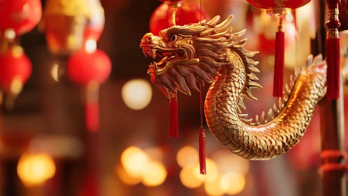 Photorealistic golden dragon lantern with festive bokeh depth.