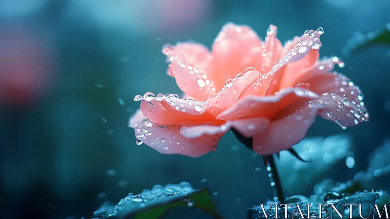 Coral pink flower with water droplets on blue toned background.
