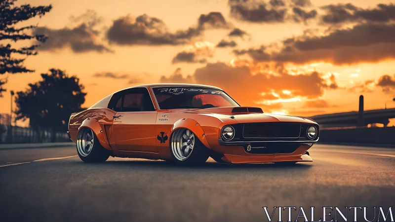 Sunset-bred muscle car prowls a molten city horizon road.