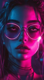 Neon lit portrait of woman in round glasses at night.