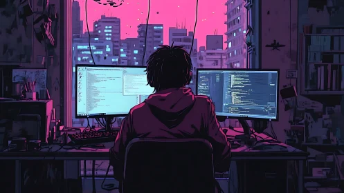Programmer at dual monitors in neon city workspace.