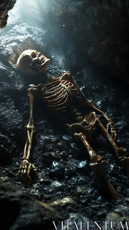 Sunlit skeletal remains in damp cavern floor repose.
