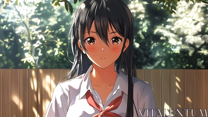 Sunlit anime portrait of blushing student in diffuse bokeh field.