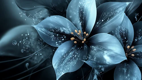 Blue Flowers with Golden Stamens and Crystalline Particles