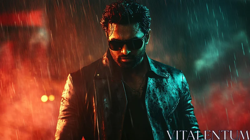 Photorealistic neon rain portrait with cinematic lighting effects.