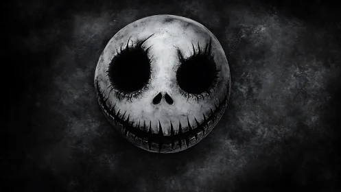 Monochrome stylized skull face on textured dark background.