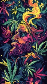 Side profile human face integrates with stylized foliage forms