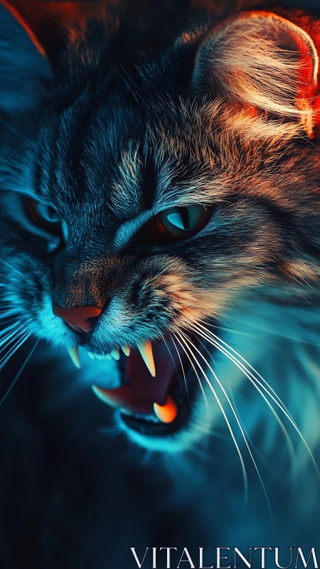 Snarling feline portrait in neon cyan and ember light.