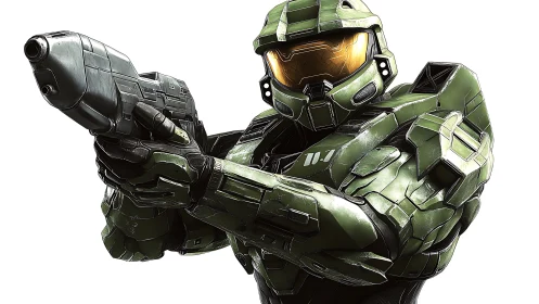 Armored space warrior locks aim with gleaming visor focus