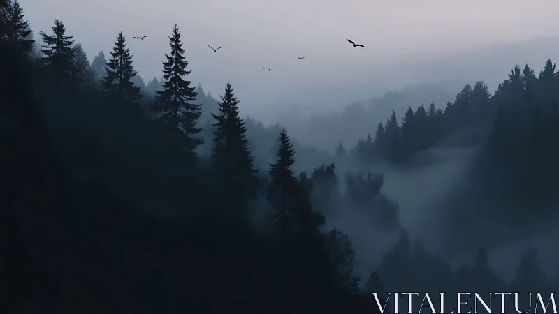 Layered Coniferous Forest Silhouettes with Atmospheric Fog and Avian Movement.