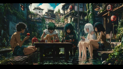 Summer friends share a quiet riverside meal in hidden town