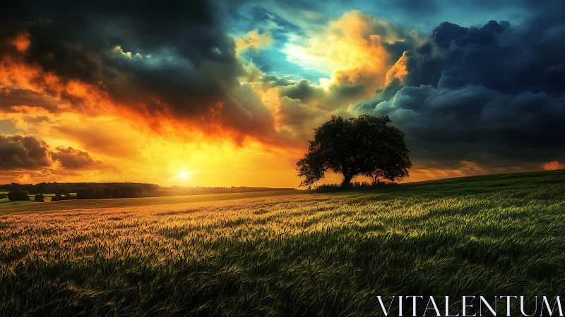 Sunset over cultivated field with isolated tree silhouette.